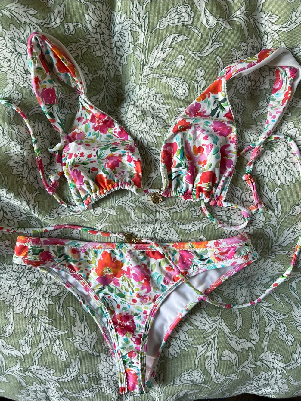 Bydee Floral Tie-Back Bikini Set - White with Pink & Coral Flowers